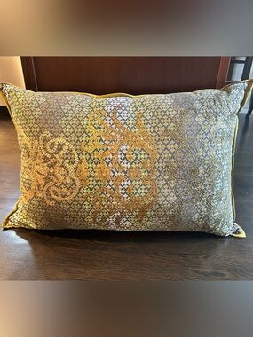 Anthropologie Gold, Blue, green Ornate Embroidered Accent Pillow 20x30.